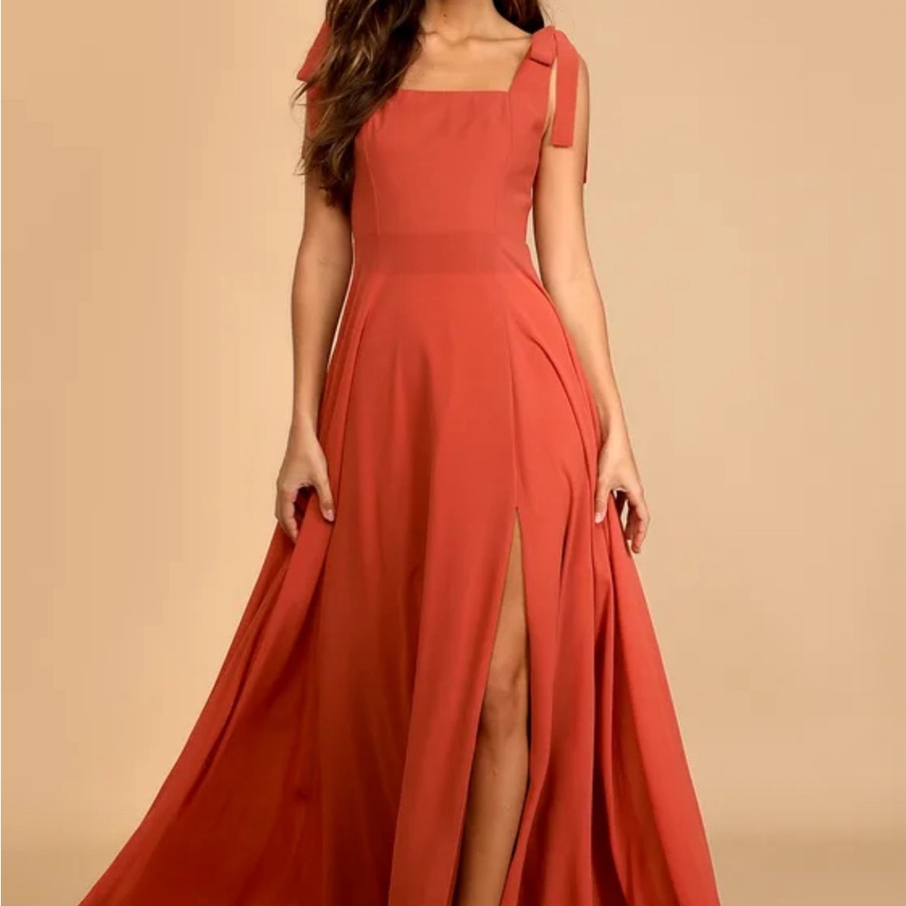 Lulu’s Love Me Forever Terra Cotta Tie-Strap Square Neck Maxi Dress